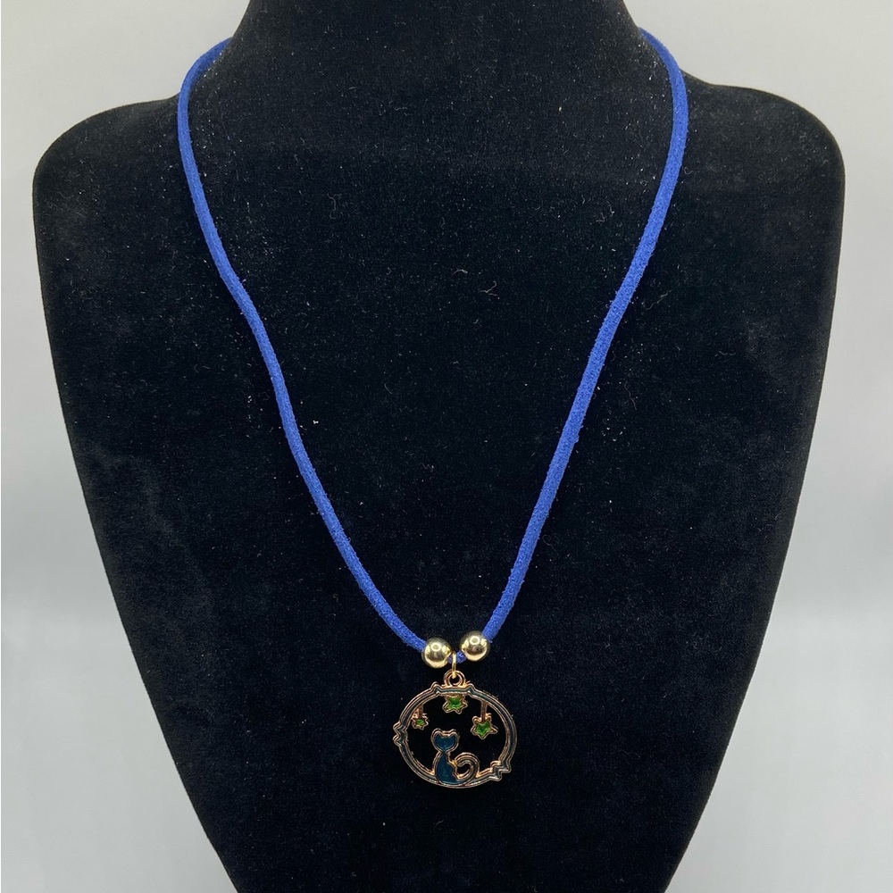 Cat Moon Star Celestial Charm Faux Leather String Cord Necklace